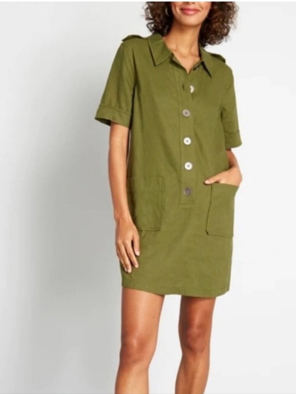ModCloth Casual Aspects Linen-Blend Dress Avocado Green Size Medium
